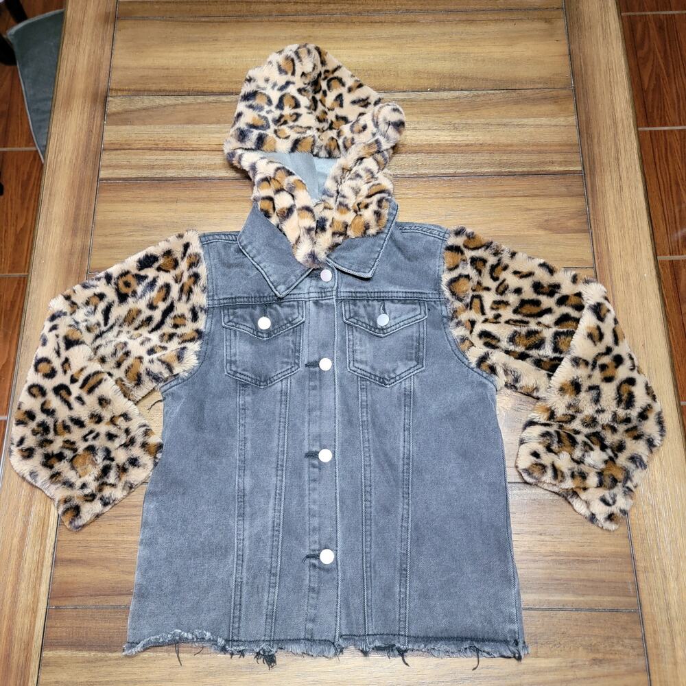 Junior Black Denim Jacket w/ Faux Fur Arms and Detachable Hood - Size 4XL Junior